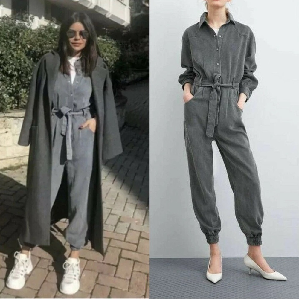 NWT Zara Grey Jumpsuit buttoned with waist tie and elastic hems, Small - Picture 7 of 14